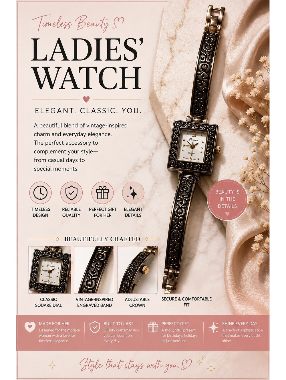 Geneva Ladies' Vintage-Inspired Engraved Square Dial Watch